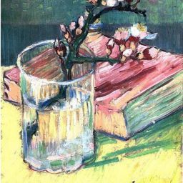Blossoming Almond Branch in a Glass with a Book by Vincent Van Gogh